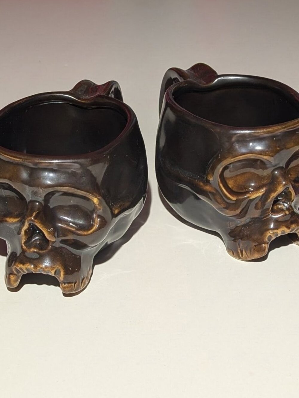 William Sonoma Halloween Ceramic Skull Coffee Mug Dark Brown Goth Set of 2 NEW